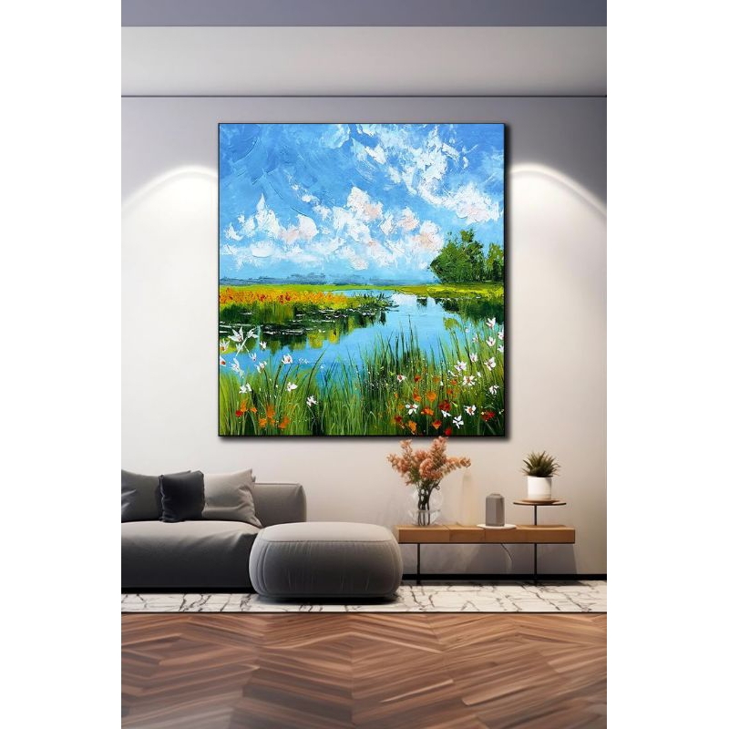 lukisan pemandangan sungai realis modern.