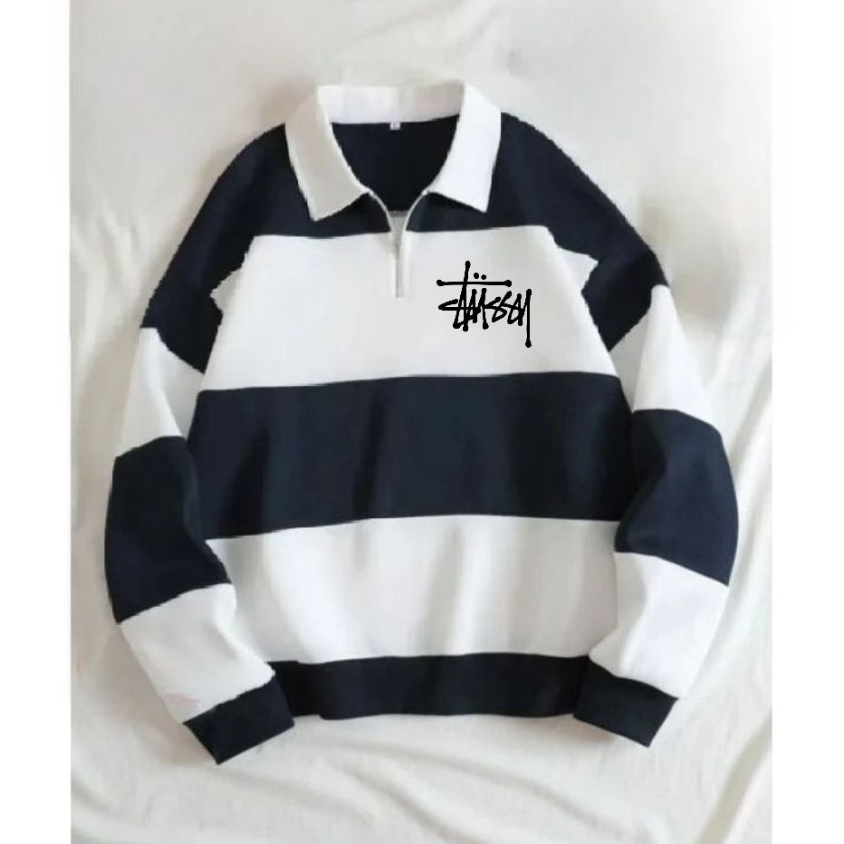RUGBY STUSSY SWEATER SALUR KOMBINASI SWEATER KERAH RESLETING SWEATER PRIA WANITA HALFZIP STUSSY