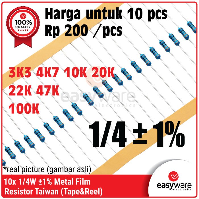 10x Resistor Taiwan 1/4W 0.25W 3K3 4K7 10K 20K 22K 47K 100K Ohm 10K Ohm Metal Film Resistor Kaki Teb