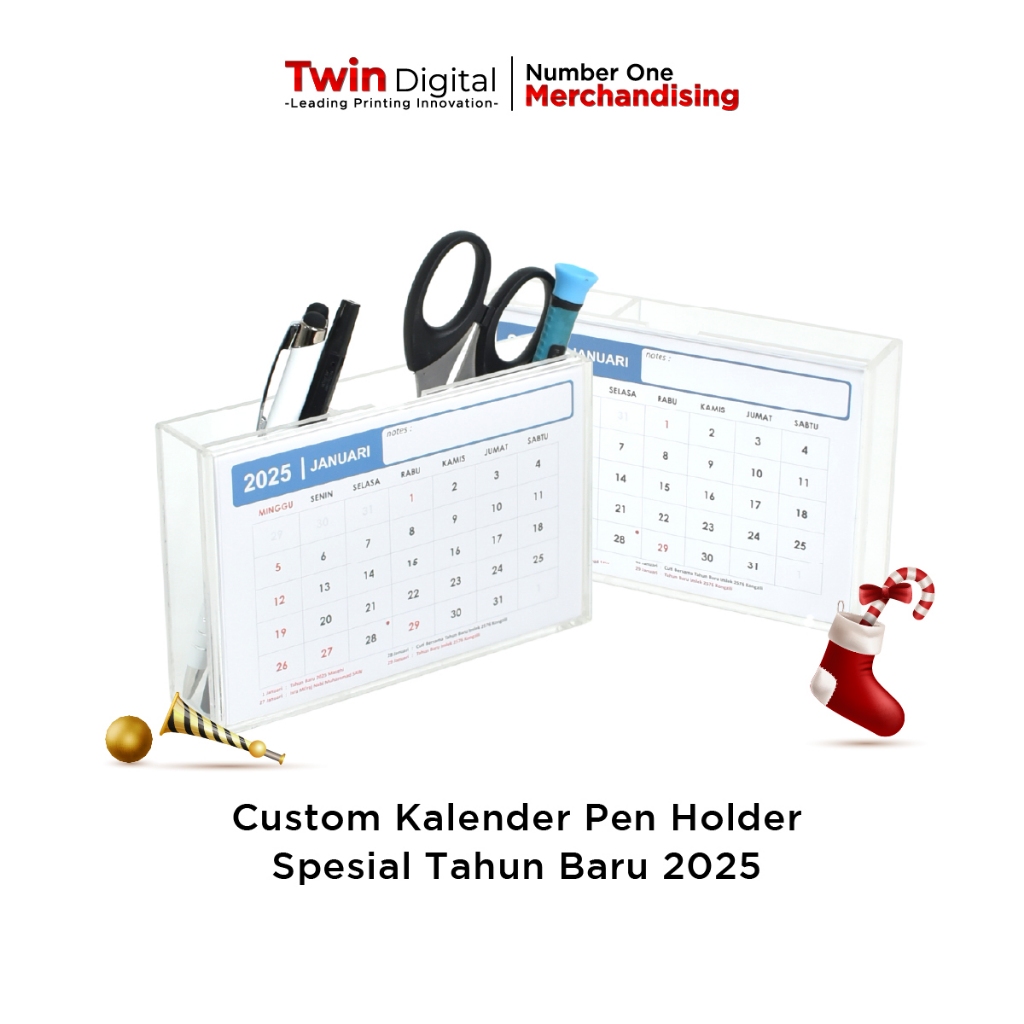 

Twindigital Kalender Pen Holder Akrilik Spesial Tahun Baru 2025 Souvenir & Dekorasi Meja Kerja Estetik - Custom Desain Kalender Akrilik