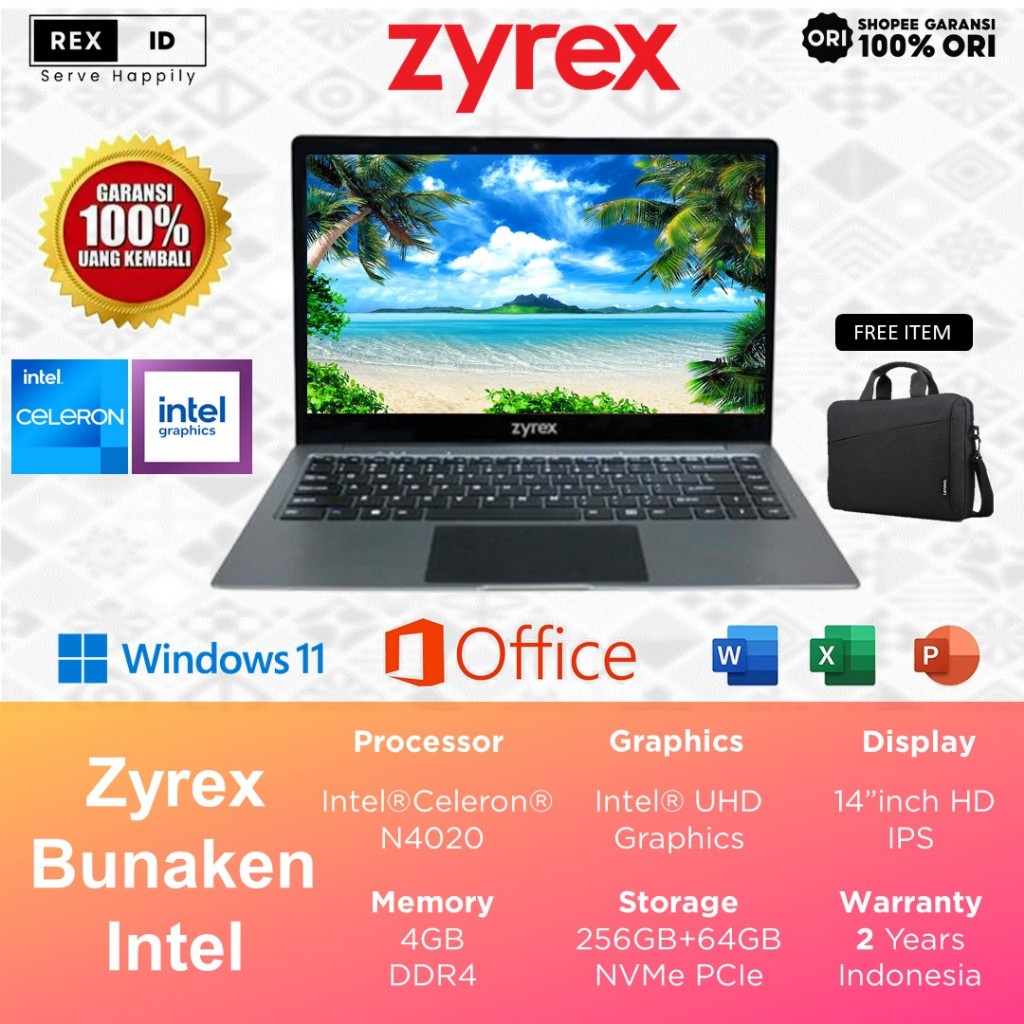 Laptop Zyrex Bunaken Intel N4020 4GB 256GB+64GB 14.0" Windows 10