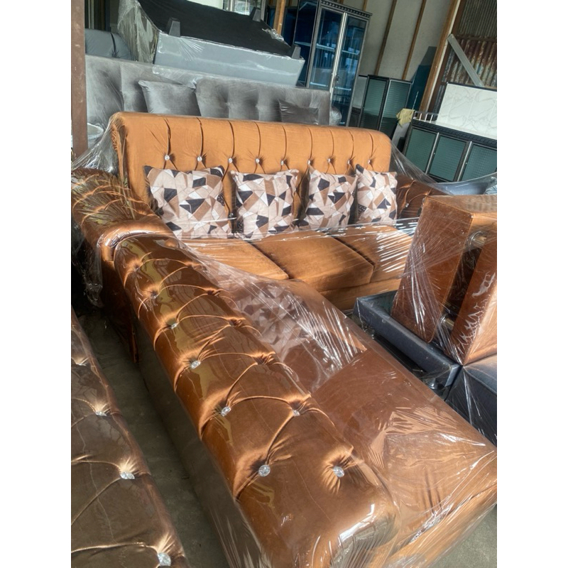 sofa L putus kain bludru/sofa tamu termurah /sofa L satu set meja promo termurah