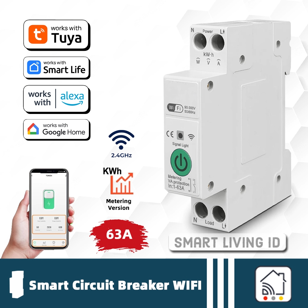 Tuya Smart LIfe MCB Circuit Breaker WIFI 63A 1P KWH Energy Monitor Metering Voice Control