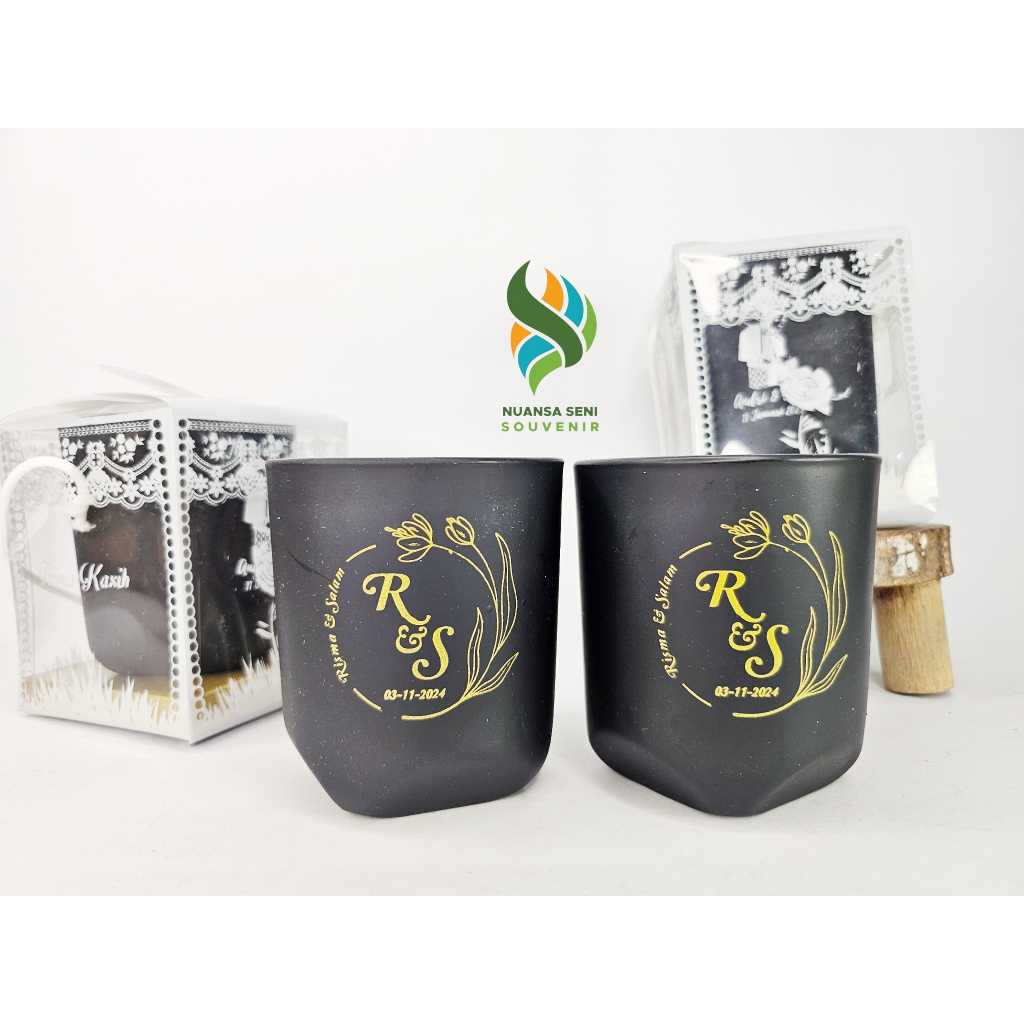 Souvenir Gelas PSP Kaca Doff Hitam Cangkir Infuser Water Mug Cafe Tumbler Minum Beling Sablon