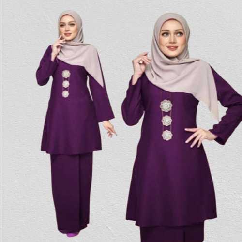 Setelan Baju Kurung Wanita Modern Bahan Satin Velvet Polos One set Tunik Pakaian Melayu Kebaya musli