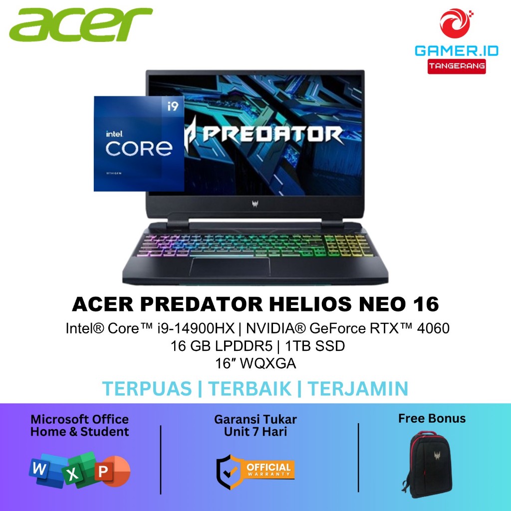 ACER PREDATOR HELIOS NEO 16 I9 14900HX RTX4060 8GB/ 16GB 1TB W11+OHS 16.0WQXGA 165HZ SRGB100