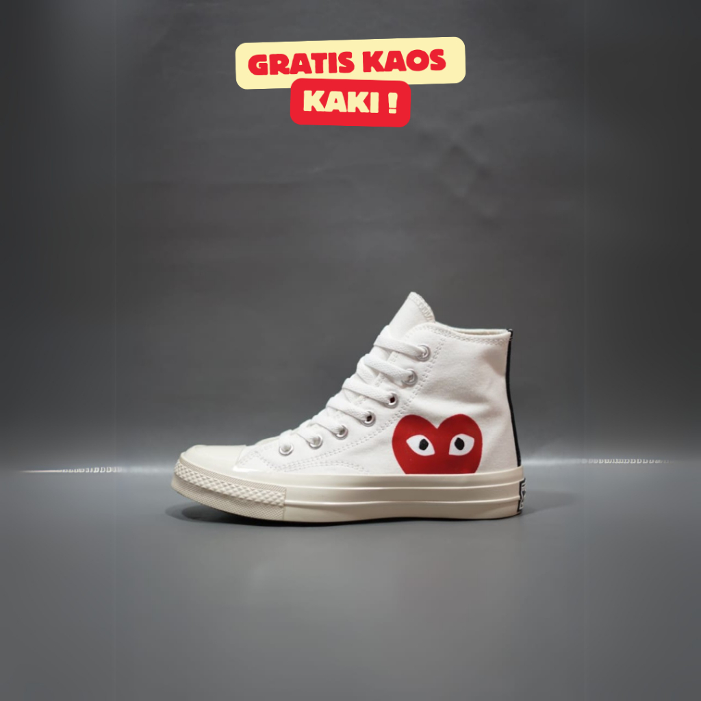 SEPATU CONVERSE 70S HIGH X CDG PLAY LOVE WHITE SOL GLOSSY GRADE ORIGINAL 36-43 SNEAKERS PUTIH