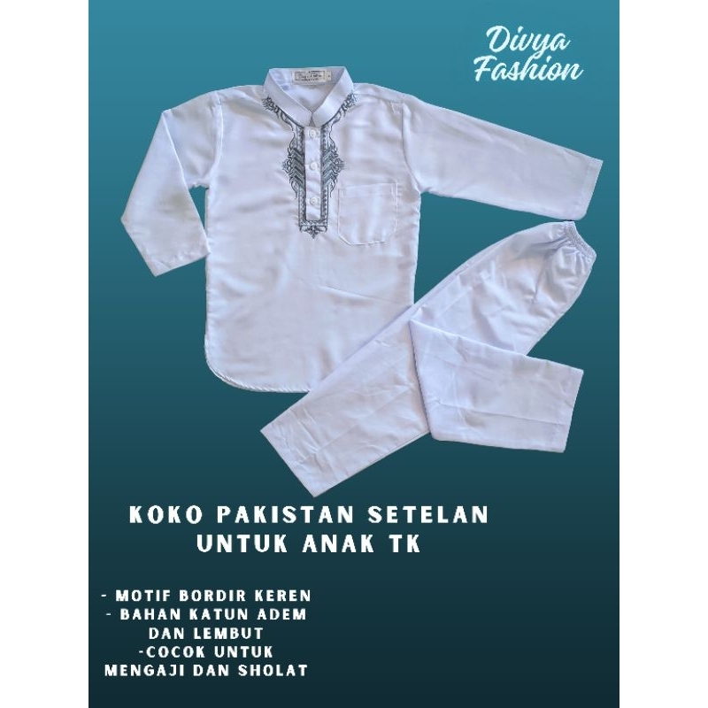 Baju Koko Anak Laki Laki Setelan Pakistan Motif Bordir Terbaru Berbahan Kain Katun Putih Bersih