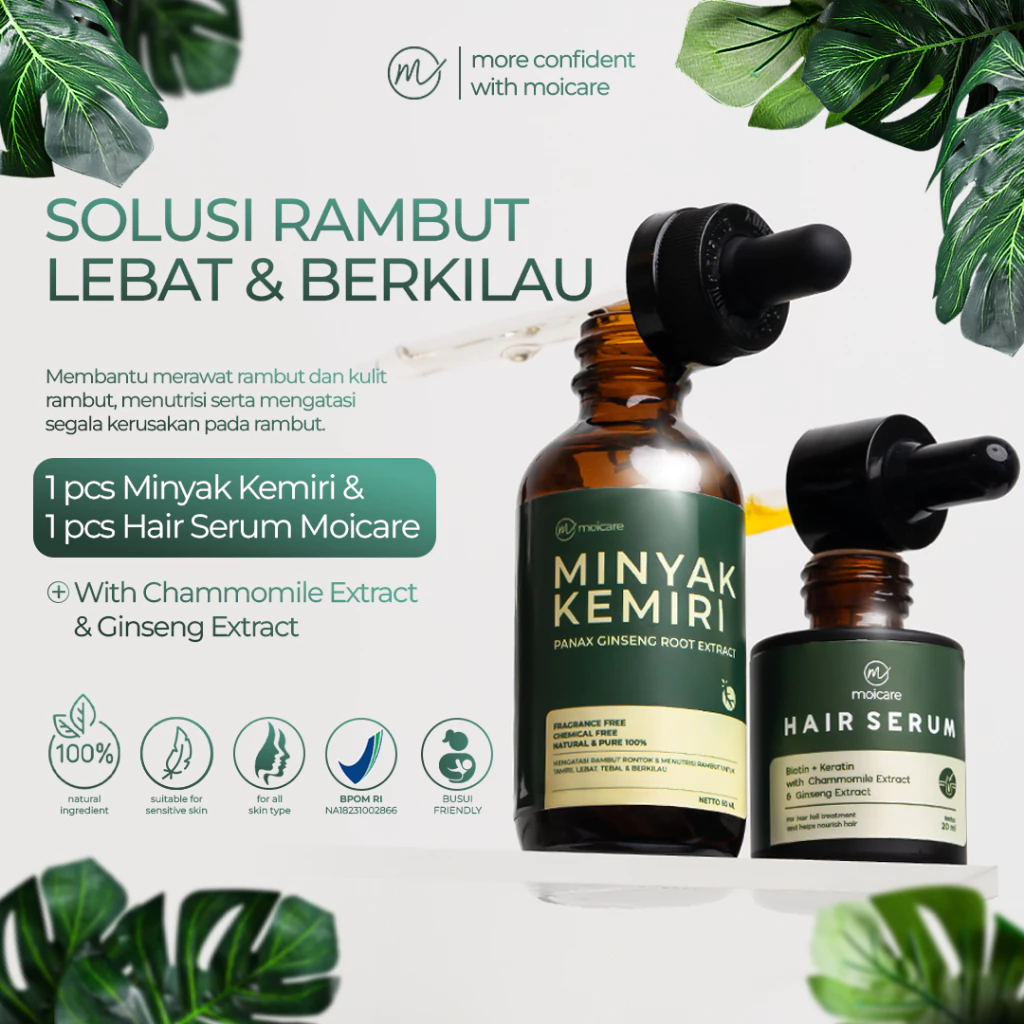 MOICARE 2 PCS PAKET Hair Serum & Minyak Kemiri Penumbuh Pelebat Rambut Hitam | Paket hair growth | P