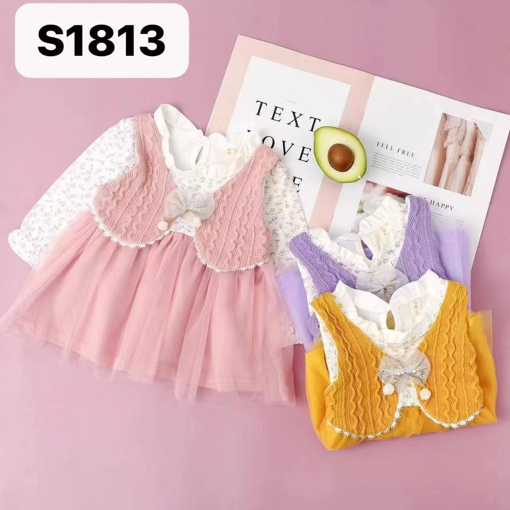 Dress Anak Perempuan Usia 1-4 Tahun | Fashion Trendy Anak Cewek Dress 2in1 Inner Baju Katun Lengan P