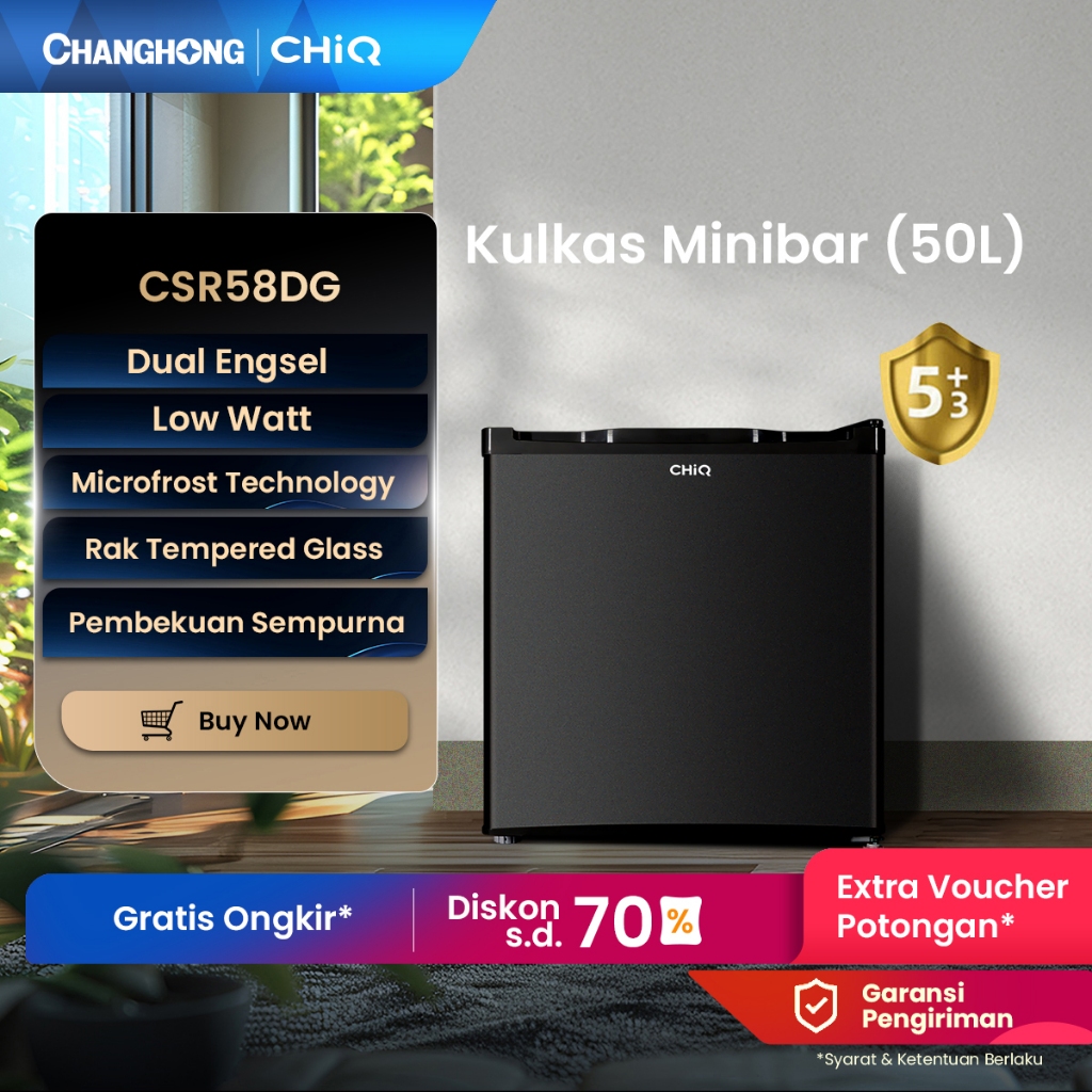 CHiQ Kulkas 1 Pintu Mini Bar 50L CSR58DG  (Semi Auto Defrost) (Adjustable Door Bisa Di Buka Dari Kan