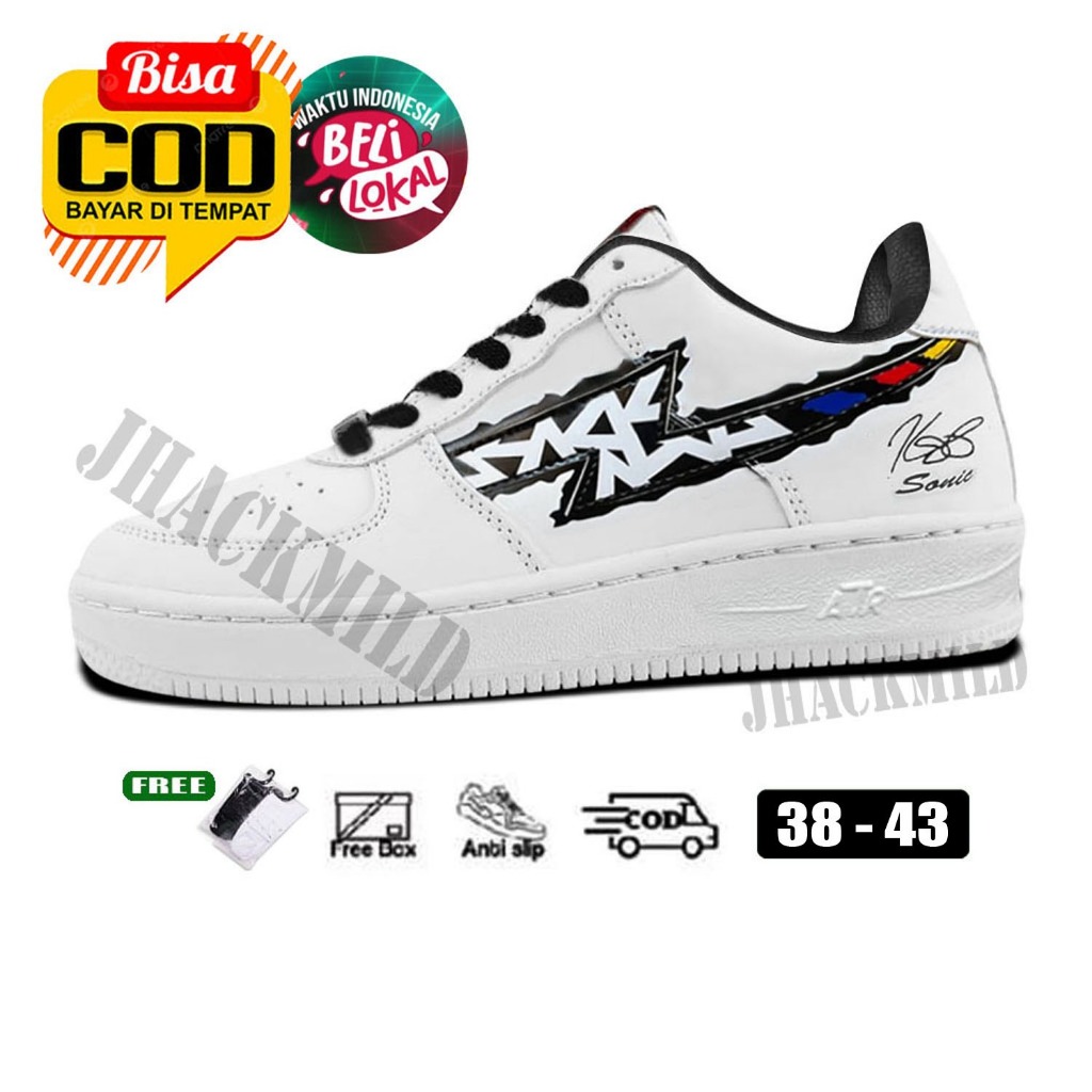 Sepatu (free Kaos Kaki) Sneakers Putih Hitam Sneaker Air One Nets Broklyn Black White Sepatu  Casual