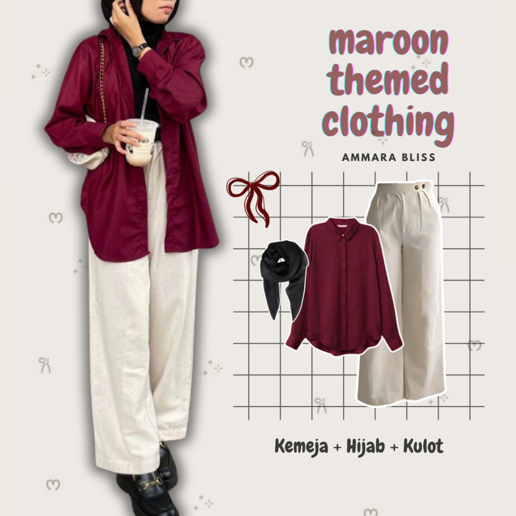 Maroon Set 3in1 ( Kemeja + Hijab + Kulot ) Outfit Cewek Pinterst Setelan Wanita Selebgram Masakini -