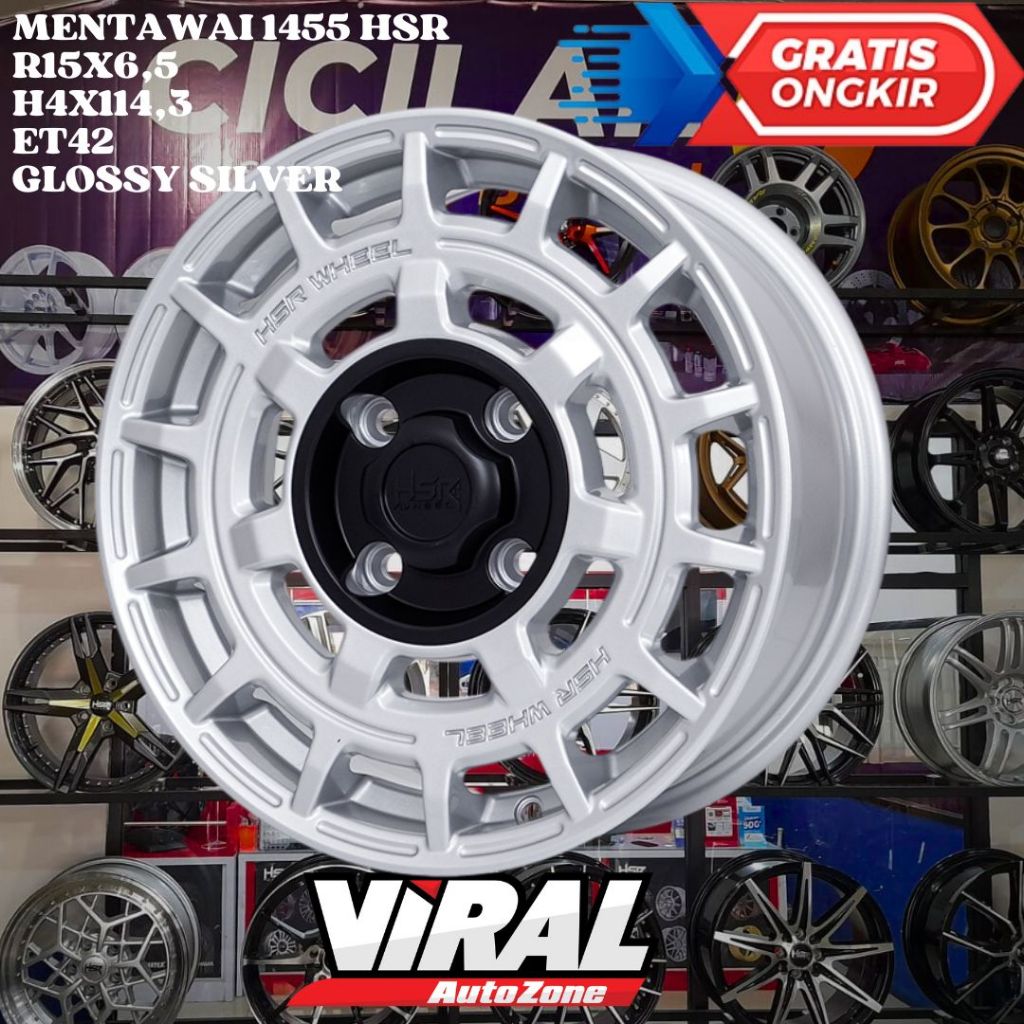 Velg Mobil Ring 15 HSR MENTAWAI R15 LEBAR 6,5 LOBANG BAUT 4 ET42 SILVER