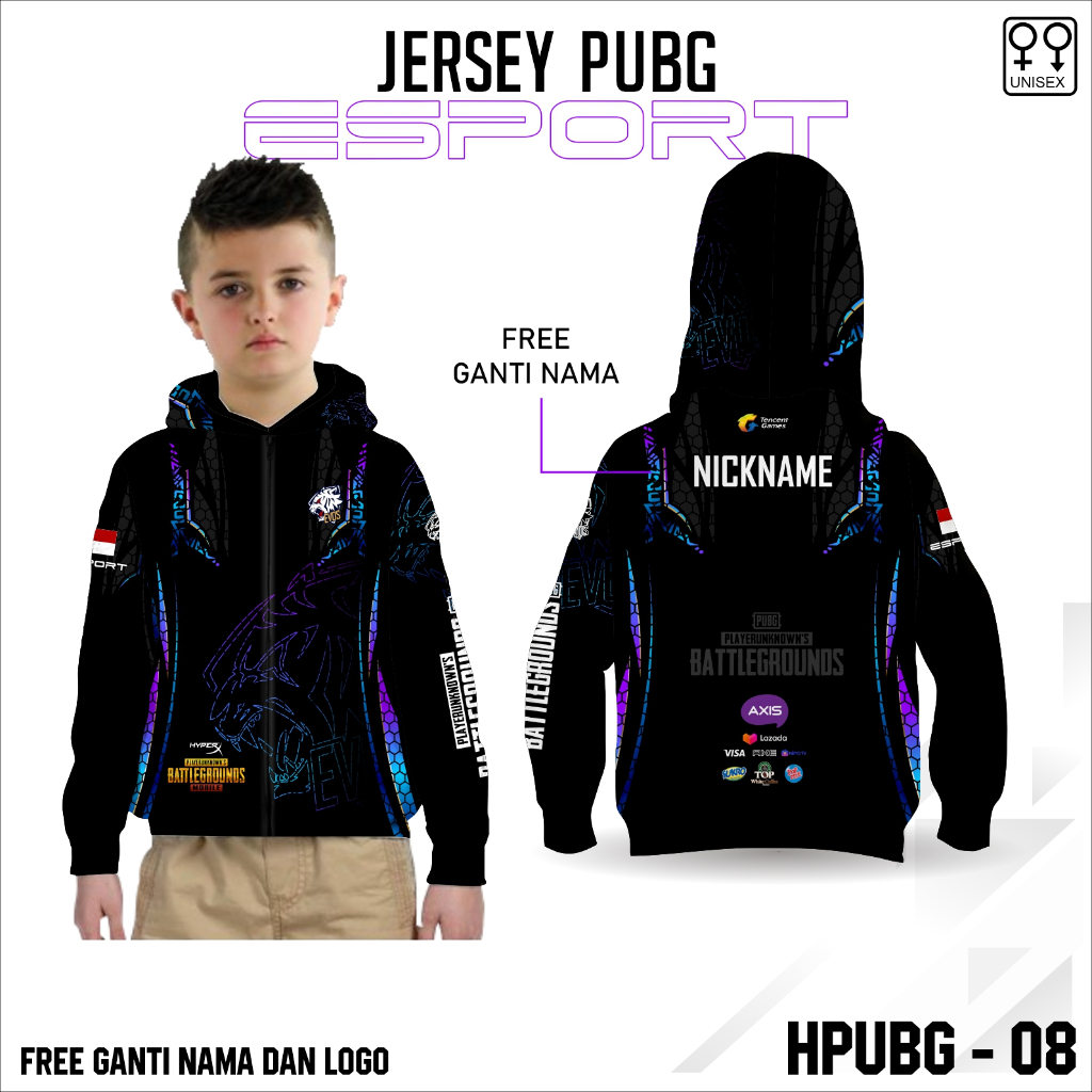 Jersey hoodie zipper esport baju game evos pubg anak lengan panjang