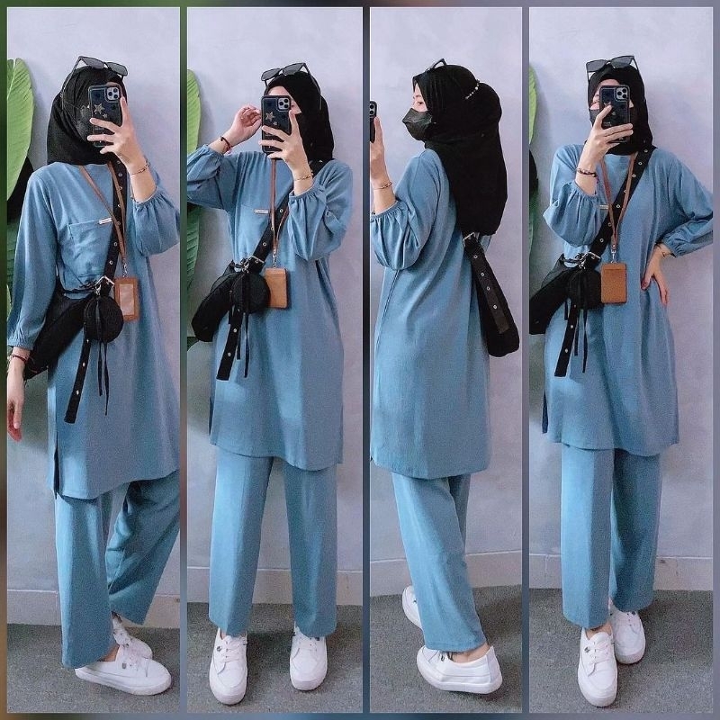 Debby Tunik set pants warna coklat caramel biru blue polos setelan celana panjang wanita bahan kaos 