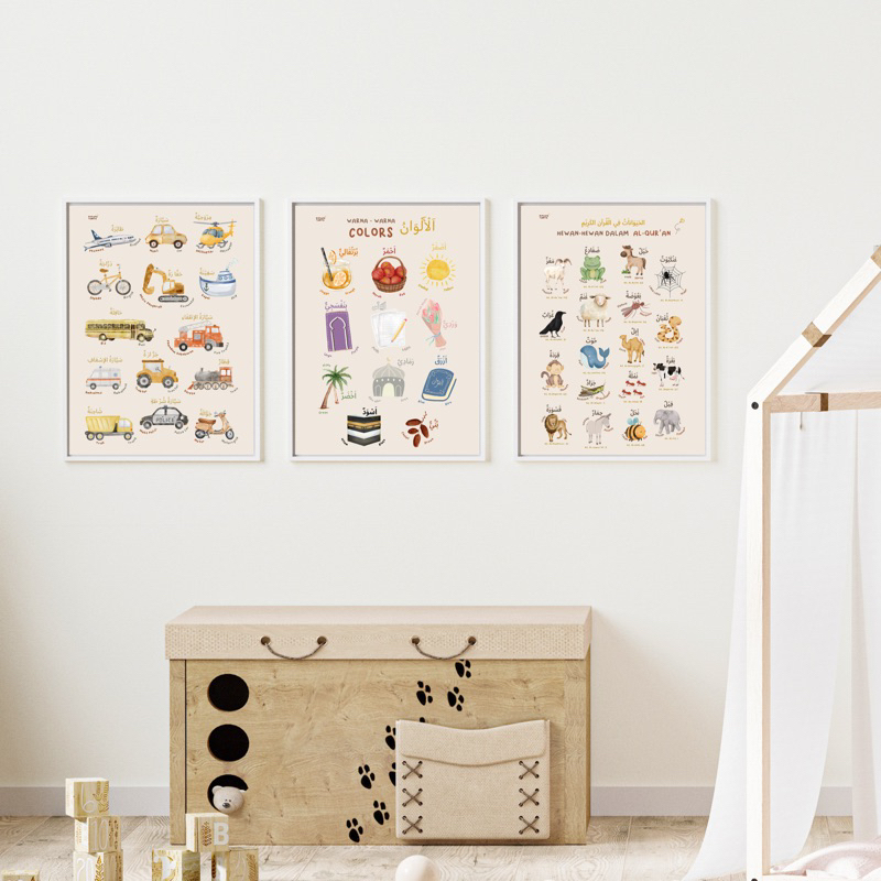 Poster Edukasi Hewan Faceless Warna Bahasa Indonesia Inggris Arab Buah Earth Tone Aesthetic Boho Est