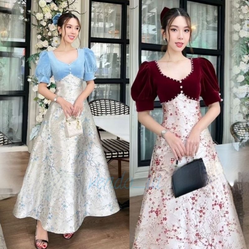 puff sleeve long dress floral panjang Jacquard emboss gown gaun pesta pernikahan wedding party event