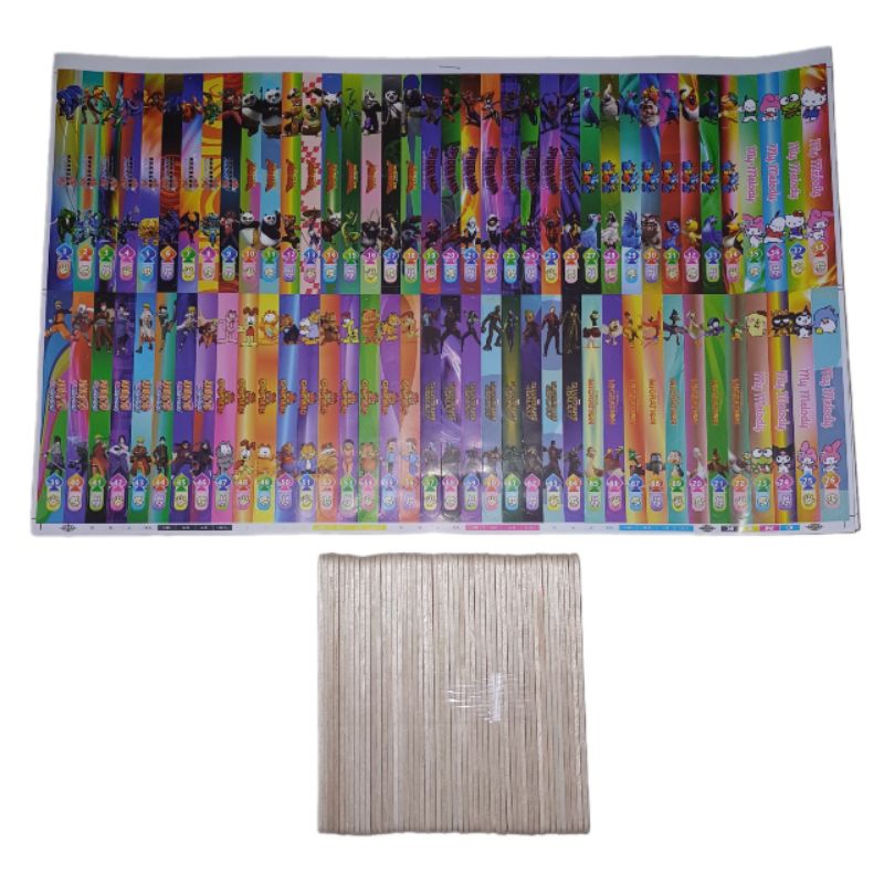 STIKER TEMPEL TEMPELAN STIK KAYU MAINAN ANAK ADU GEBRAK 76KARKTER 1LEMBAR / STIK ES KRIM POLOS