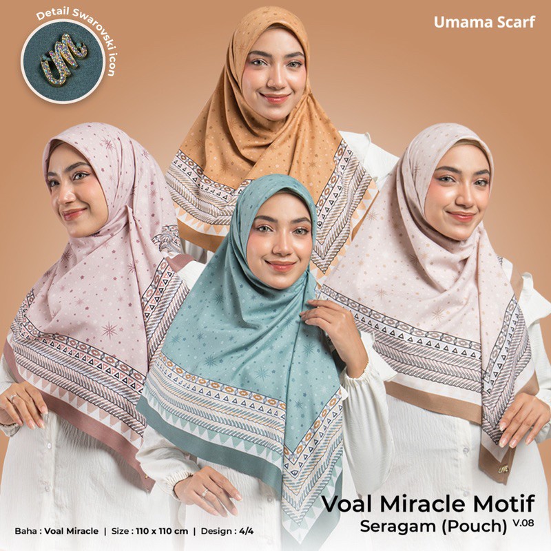 Jilbab Segi Empat Umama Voal Miracle Premium Motif Pouch Logo Metal Swarovsky Laser Cut