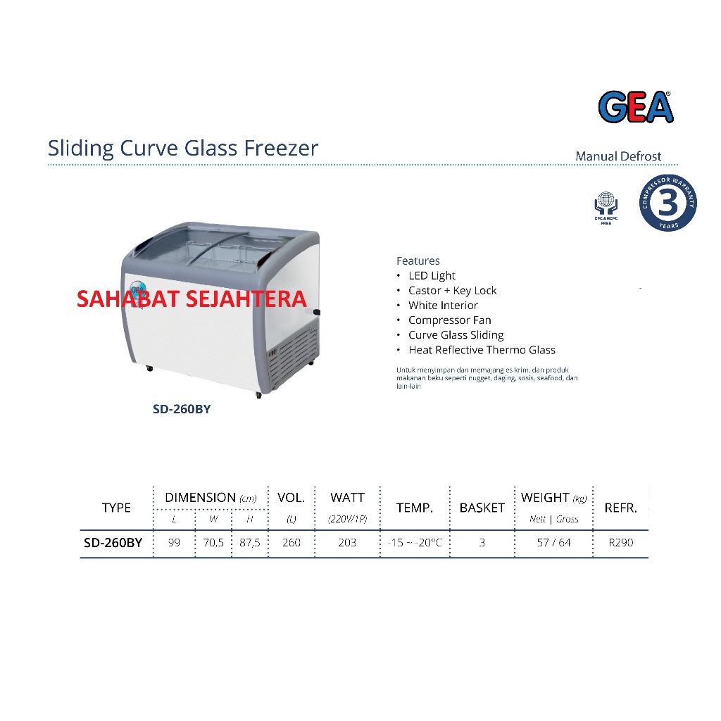 GEA Sliding Curve Glass Freezer SD-260BYR Freezer Sliding Kaca