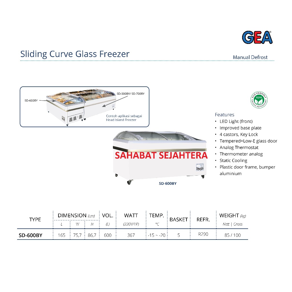 GEA Sliding Curve Glass Frezeer SD-600BY Freezer Sliding Kaca