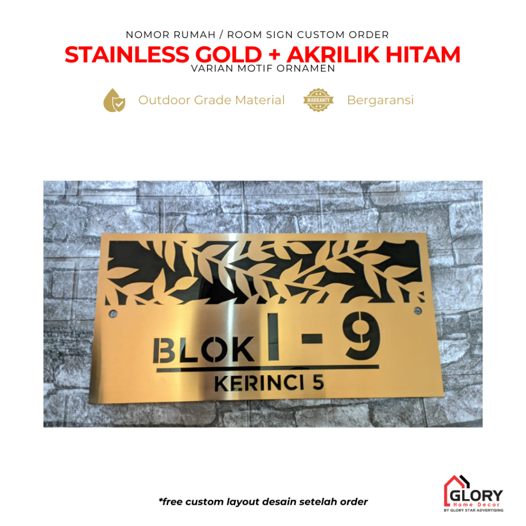 [PREORDER] Nomor Rumah Ornamen Modern Stainless gold + Akrilik hitam