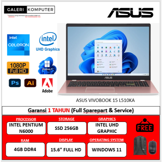 Promo Laptop Murah ASUS L510KA INTEL PENTIUM SILVER N6000 4GB 256GB 15.6 FHD WIN11HOME ROSE PINK