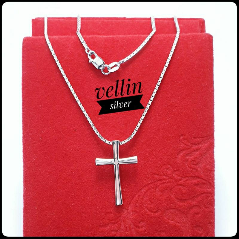 Kalung Salib Perak Pria Wanita 925 Lapis Emas Putih - Kalung Rantai Dan Liontin Salib Polos 925 Asli