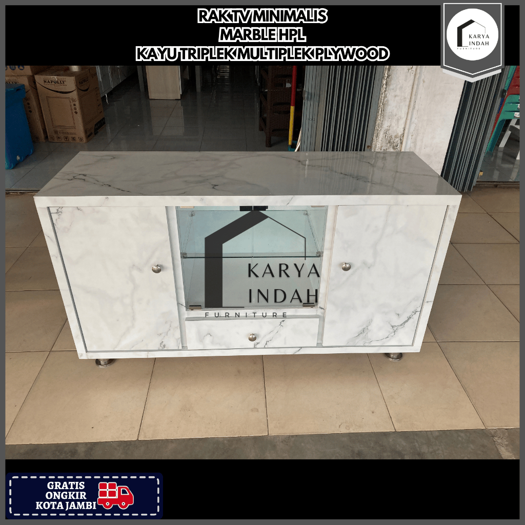 Rak TV KAYU TRIPLEK MULTIPLEK PLYWOOD 120 HPL MARBLE GLOSSY PUTIH Minimalis