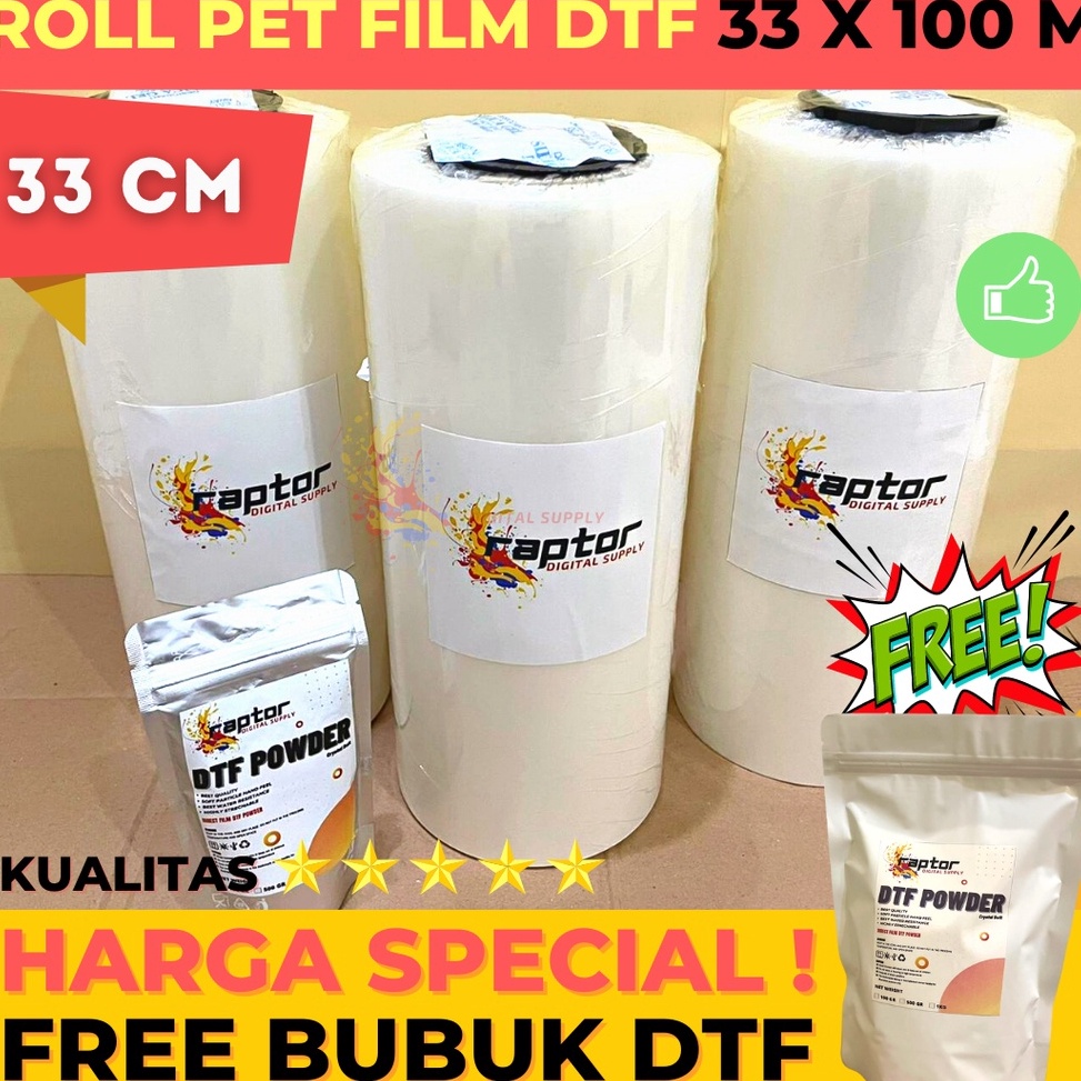 

KODE M86W PET FILM DTF ROLL 33cm x 1m Glossy Premium Quality dgn Tinta DTF powder