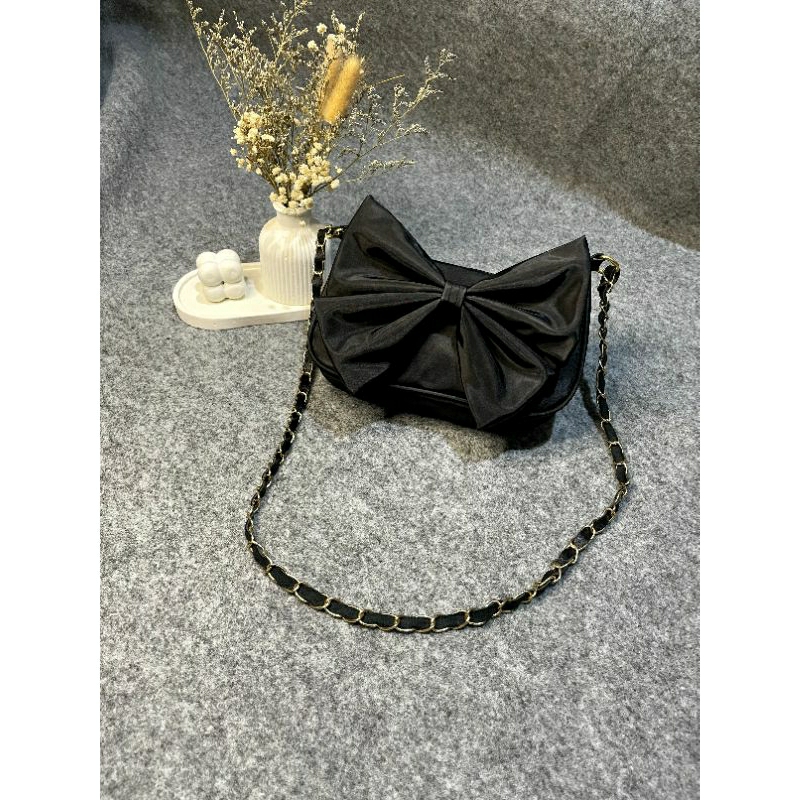 Tas Slempang /Selempang Wanita Pita Hitam /Rantai Slingbag Wanita Premium Kekinian