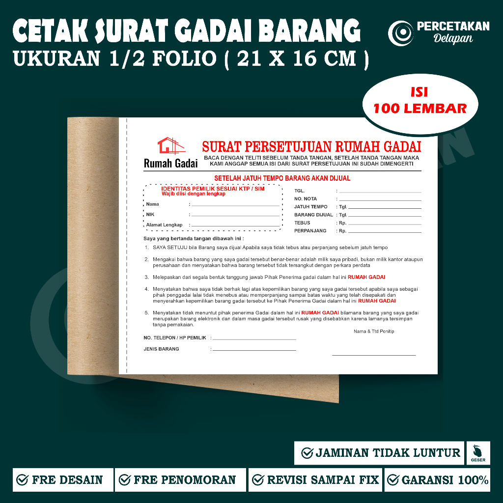 

Nota Gadai Barang Custom / Surat Perjanjian Gadai - Surat Persetujuan Gadai