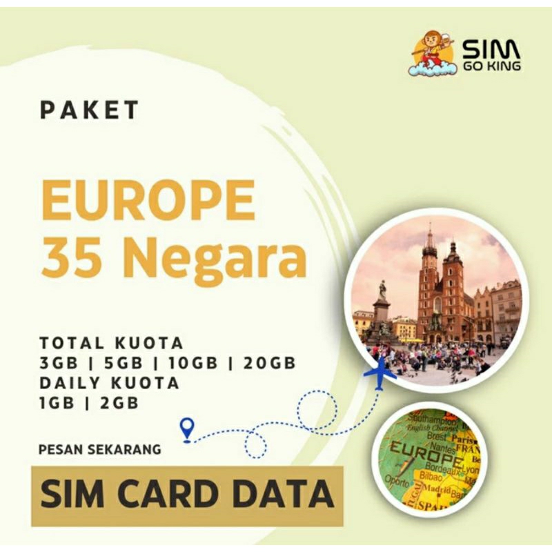 SIM Go King SIM CARD DATA Europe 35 Negara 3GB 5GB 10GB 20GB