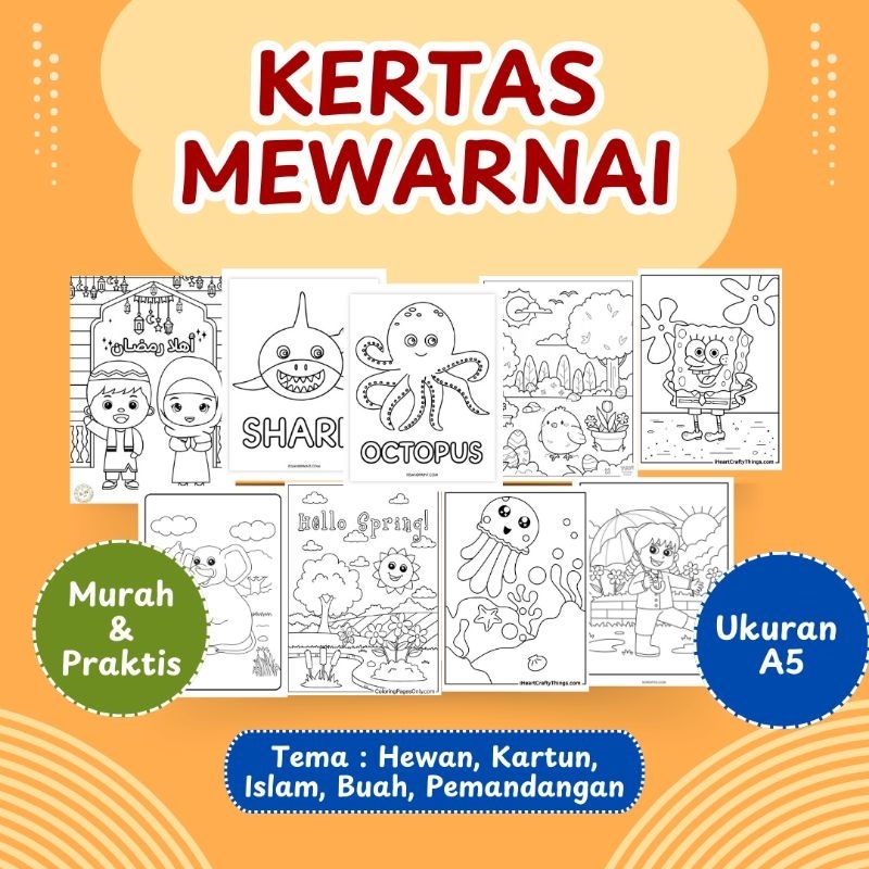 KERTAS GAMBAR MEWARNAI TEMA ISI 20, 50, 100 LEMBAR / KERTAS MEWARNAI ANAK PAUD TK SD / LEMBAR BUKU M