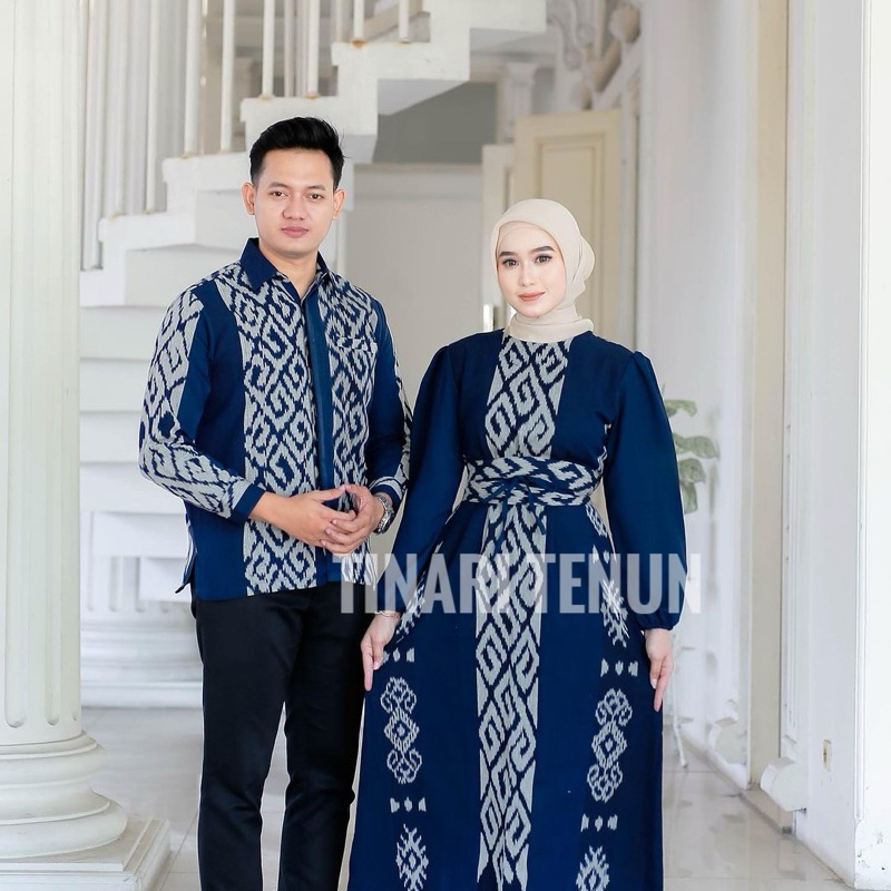 Gamis Couple Tenun Safira Motif Toraja biru navy tunik