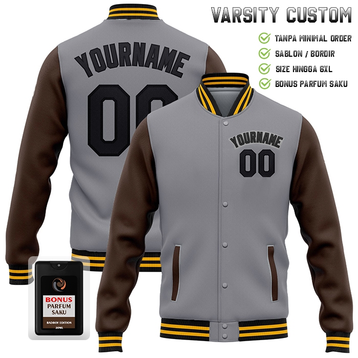Jaket Varsity Pria Oversize M - 6XL Jaket Bomber Kombinasi Silver Coklat Custom Bordir Satuan Sweate