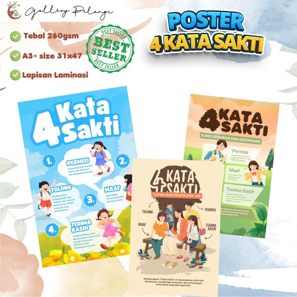 

Poster 4 Kata Sakti 4 kata Ajaib Untuk Sekolah, Instansi, Umum Laminasi Wipe Clean A3