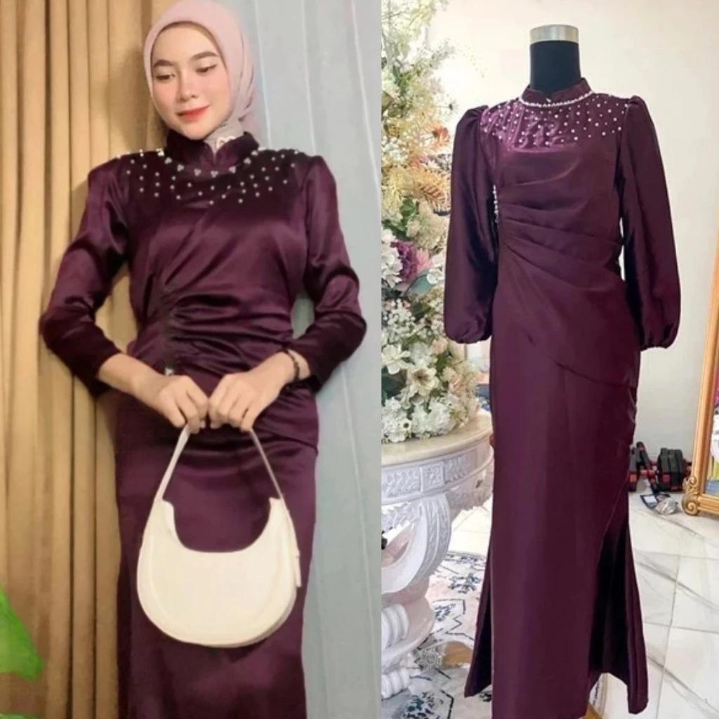 Vina Dress Burgundy Dress Kondangan Lengan Balon Aksen Mutiara Samping Material Satin Silk Premium G