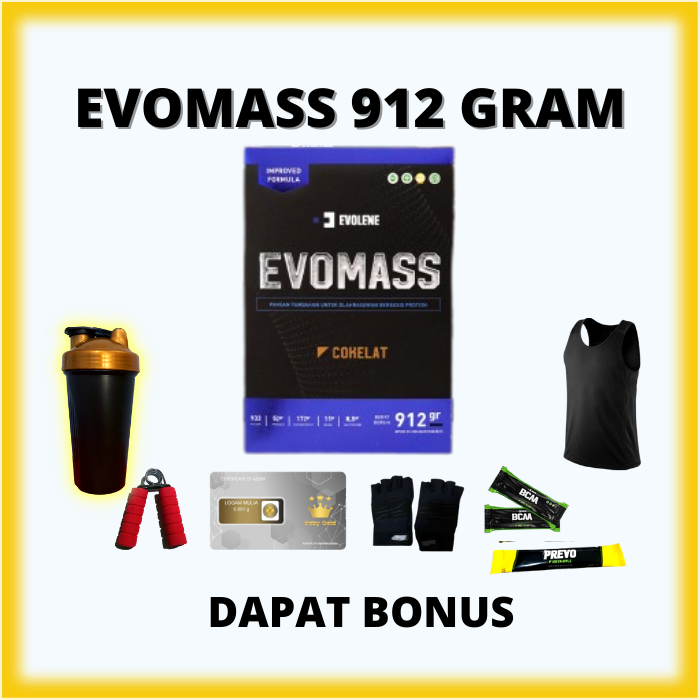 

Evolene Evomass Coklat 912gr/4x serving - Penambah massa otot - Suplemen fitness - Mass Gainer