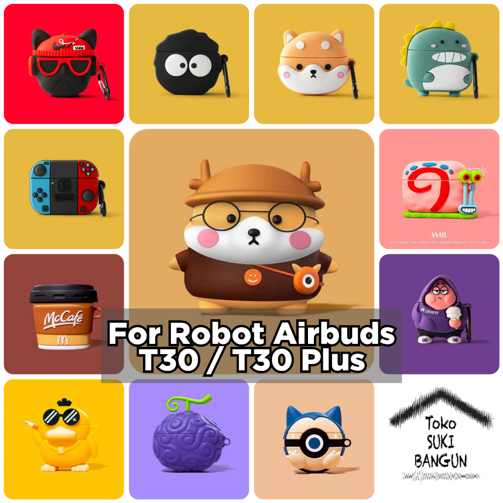 Case Robot Airbuds T30 & T30 Plus Silicone CUTE CARTOON Cover Casing Pouch Protector