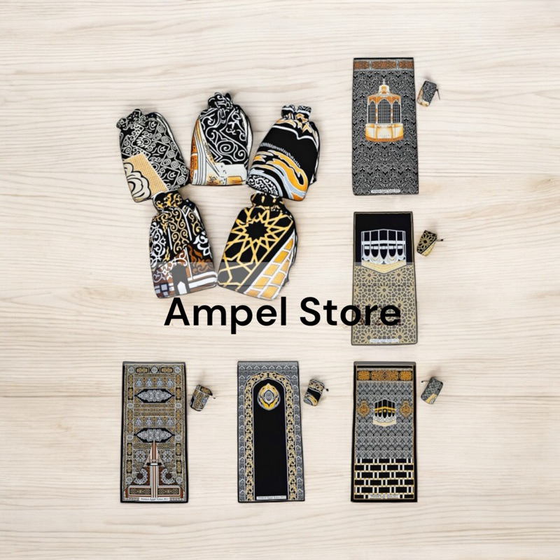 Sajadah Travel Hitam Motif Kiswah Pouch Serut | Sajadah Travel Motif Raudha