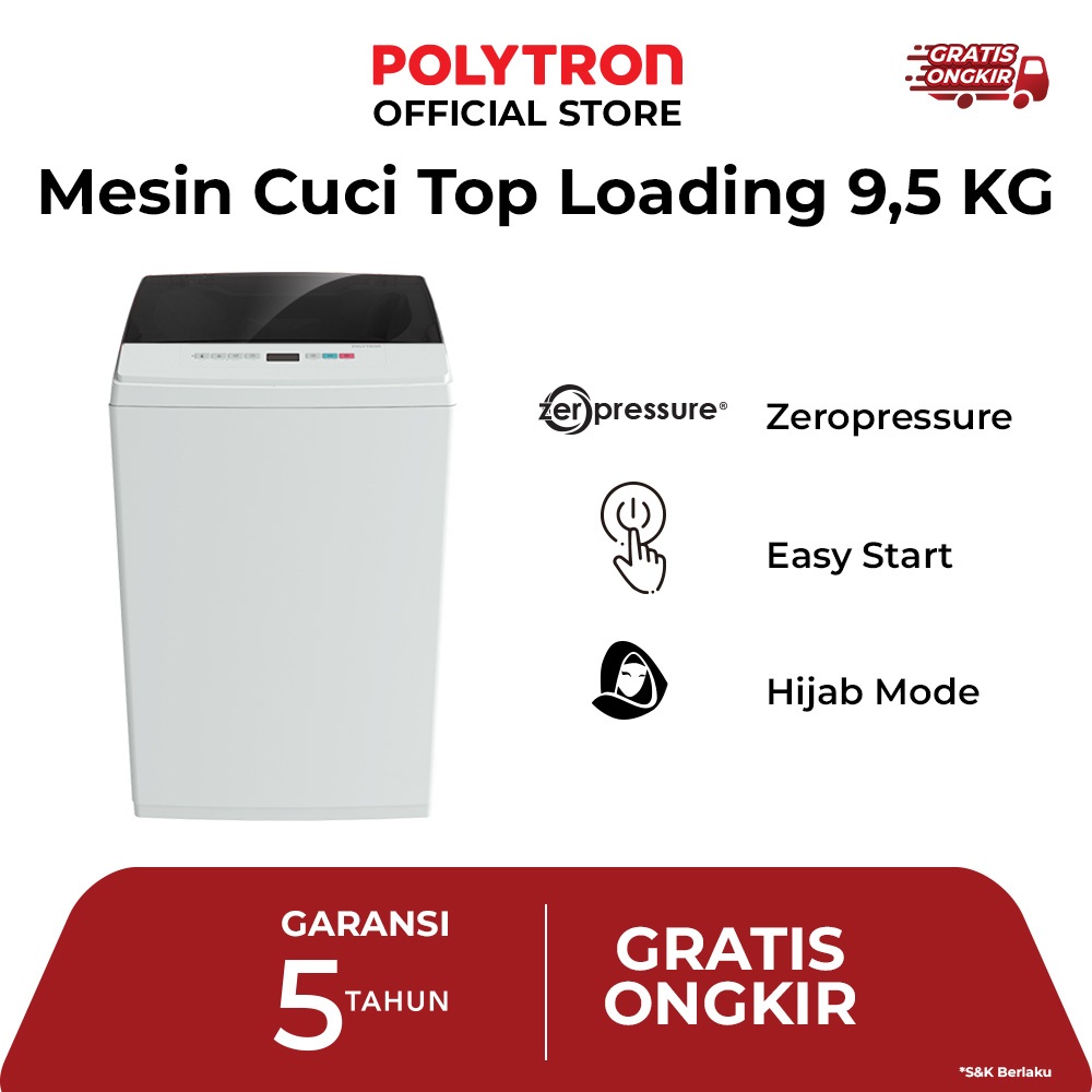 POLYTRON Mesin Cuci 1 Tabung Zeromatic series  Hijab 9.5 KG - PAW 9527X
