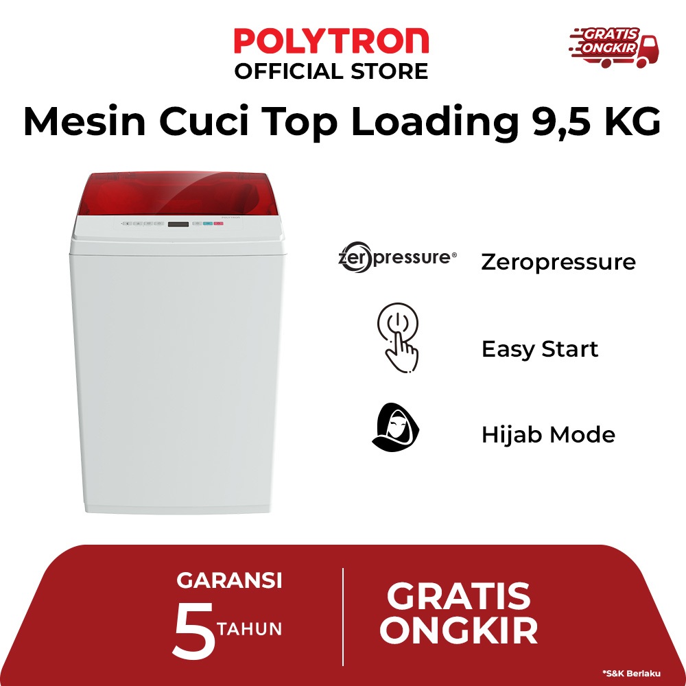 POLYTRON Mesin Cuci 1 Tabung Zeromatic series  Hijab 9.5 KG - PAW 9527R