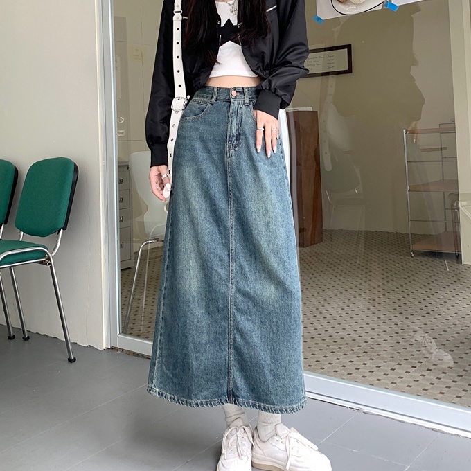 KP8 Emily RokRok Midi Denim Fashion Rok AHhwaist Biru Retro