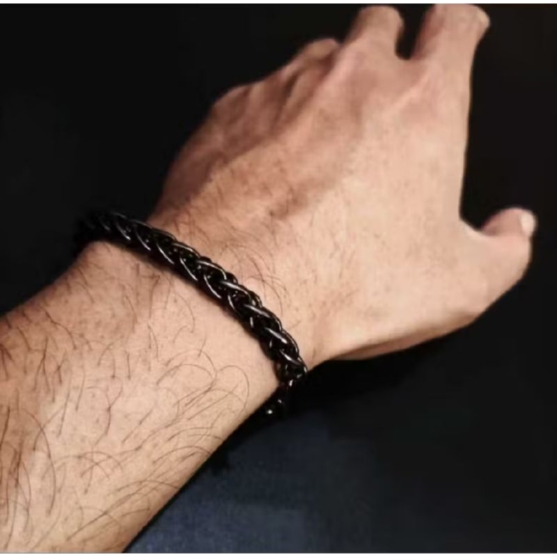 Gelang Tangan Rantai Bulat Bahan Stainless Steel Warna Hitam Silver Pria Wanita