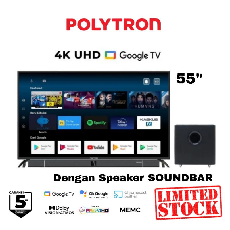GARANSI 5 TAHUN POLYTRON UHD 4K 55 Inch GOOGLE SMART TV - PLD-55BUA8859 With SoundBar Speaker MENGEL