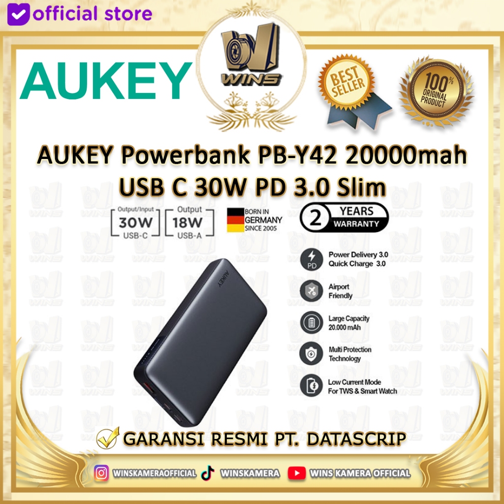 AUKEY Powerbank PB-Y42 20000mah USB C 30W PD 3.0 Slim