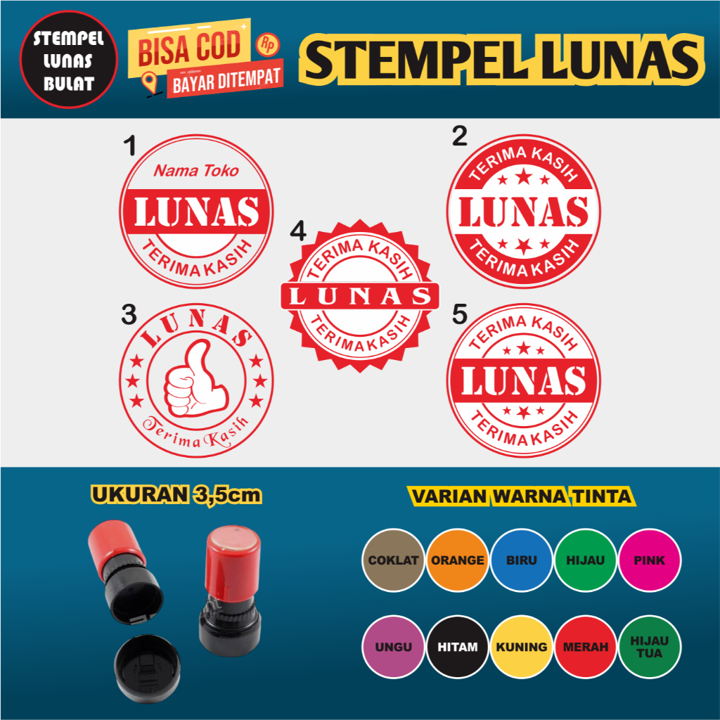 

Stempel LUNAS Bulat Desain Bebas Pilih Stempel Flash Otomatis Tanpa Bantalan - Ukuran 3,5 CM