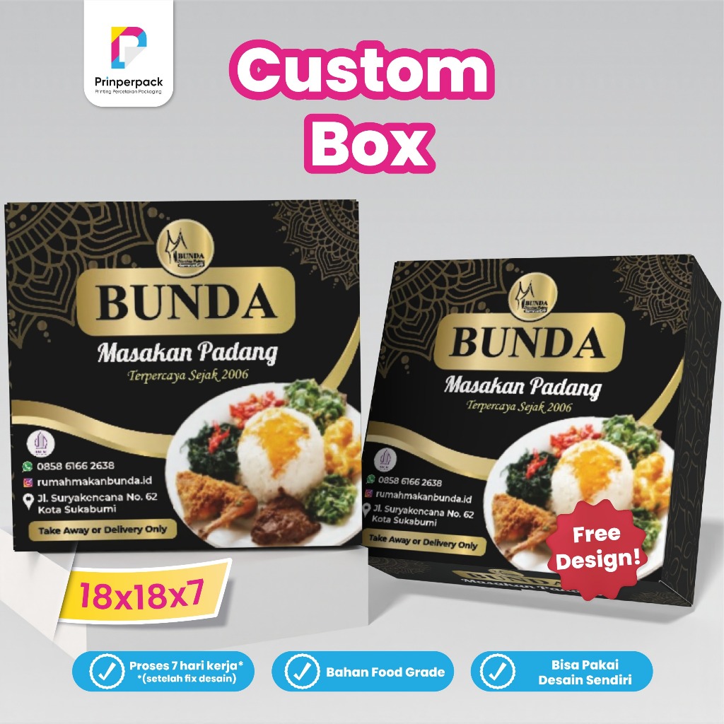 BUNDA PADANG 18X18X7 CM Box catering custom 18x18x7/ box padang custom cetak pakai logo sendiri/ kem